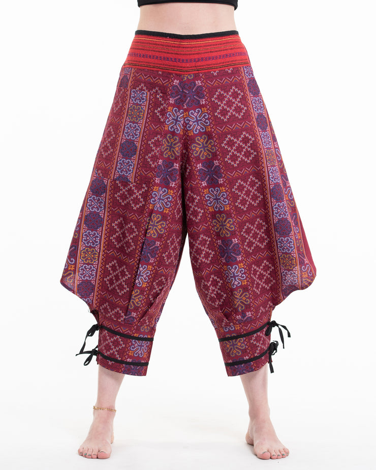 Clovers Thai Hill Tribe Fabric Harem Pants with Ankle Straps in Maroon