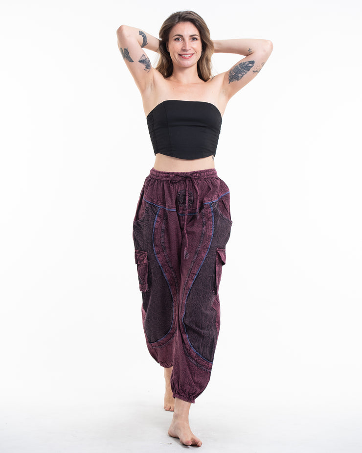Unisex Patchwork Stone Washed Cargo Cotton Pants in Maroon 03