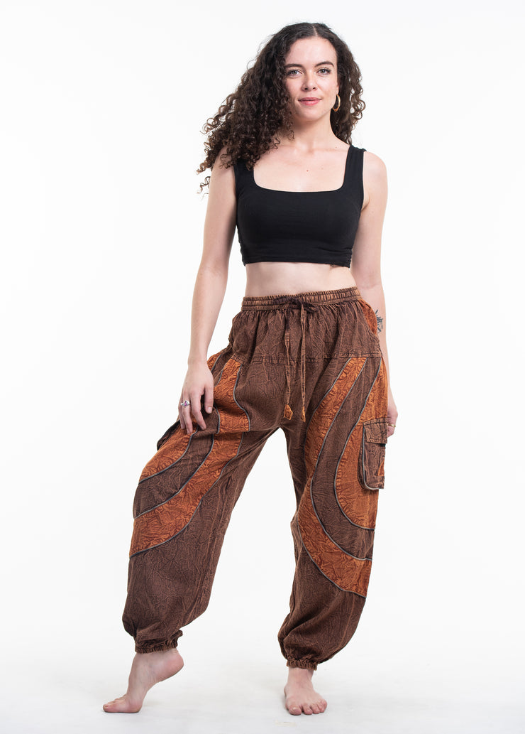 Unisex Patchwork Stone Washed Cargo Cotton Pants in Brown 04
