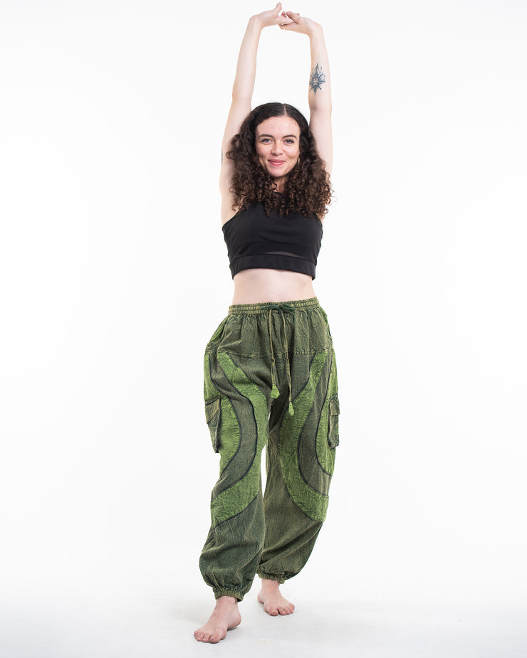 Unisex Patchwork Stone Washed Cargo Cotton Pants in Green 04