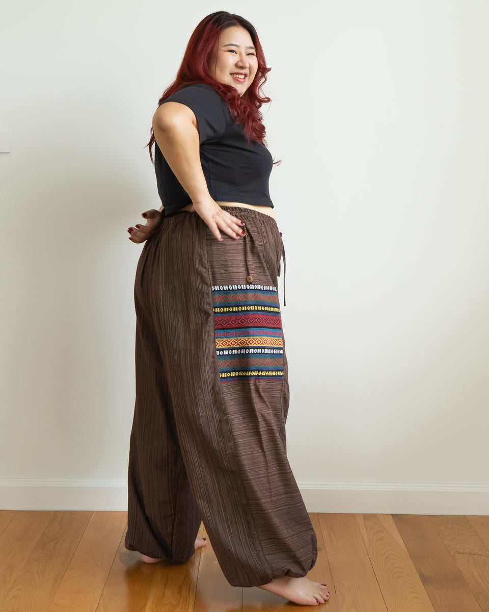 Unisex Plus Size Drawstring Pinstripes Cotton Pants with Aztec