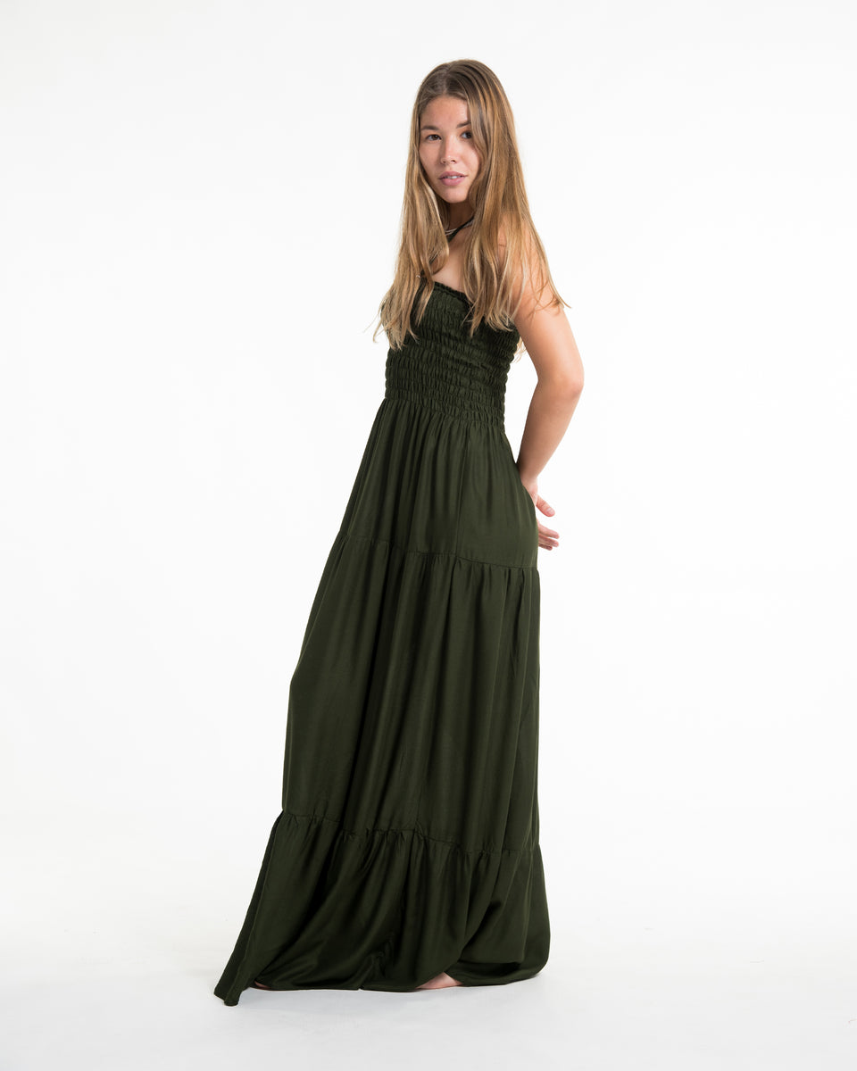 Solid Color Smocked Maxi Dress in Dark Green Sure Design Solid Color Smocked Maxi Dress in Dark Green Sure Design
