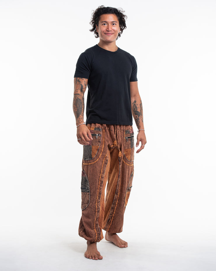Unisex Patchwork Stone Washed Cargo Cotton Pants in Brown 01