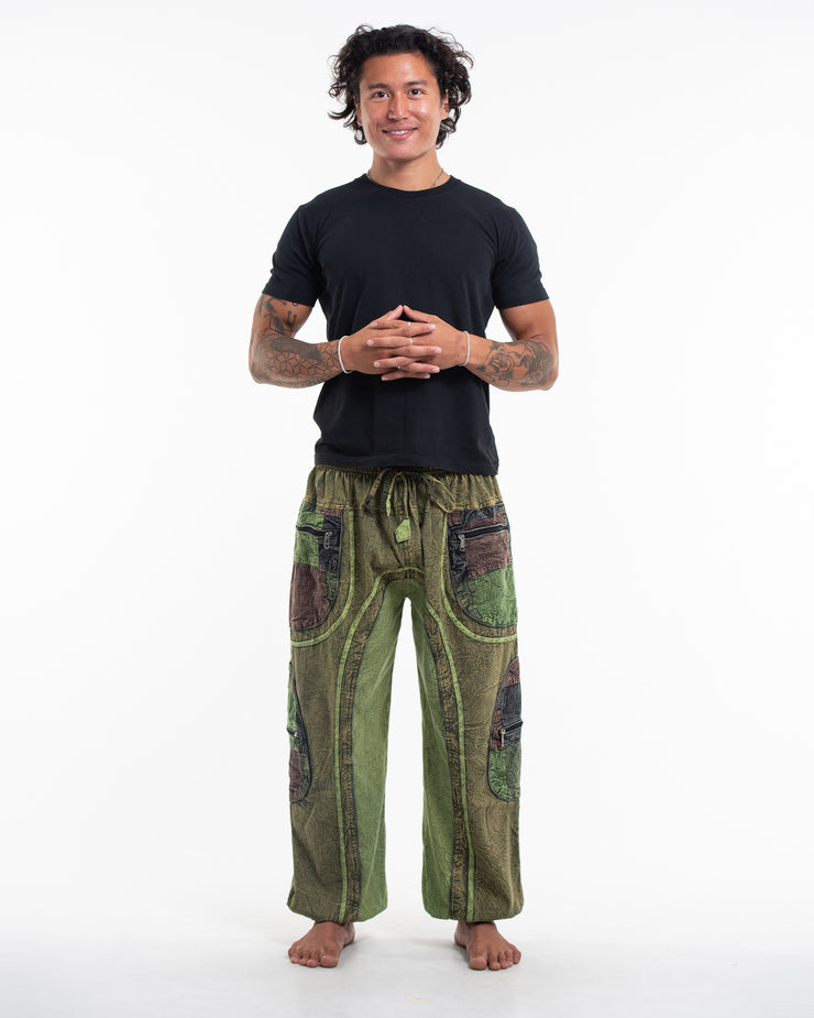 Unisex Patchwork Stone Washed Cargo Cotton Pants in Green 01