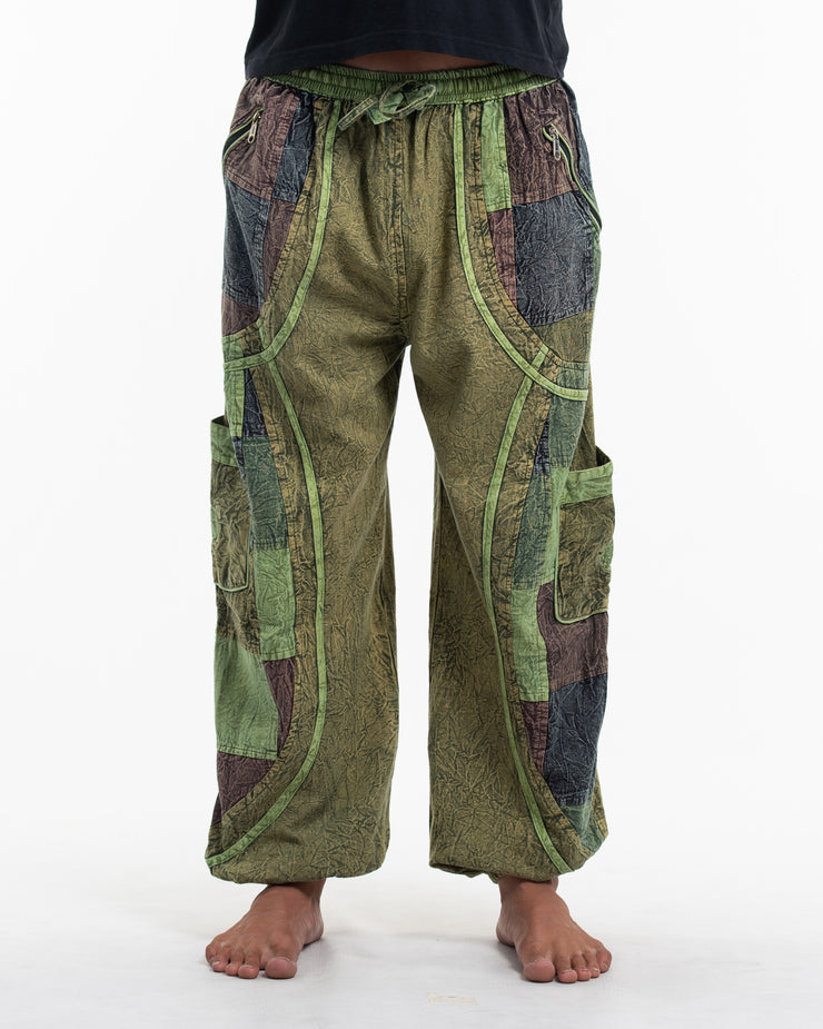 Unisex Patchwork Stone Washed Cargo Cotton Pants in Green 02