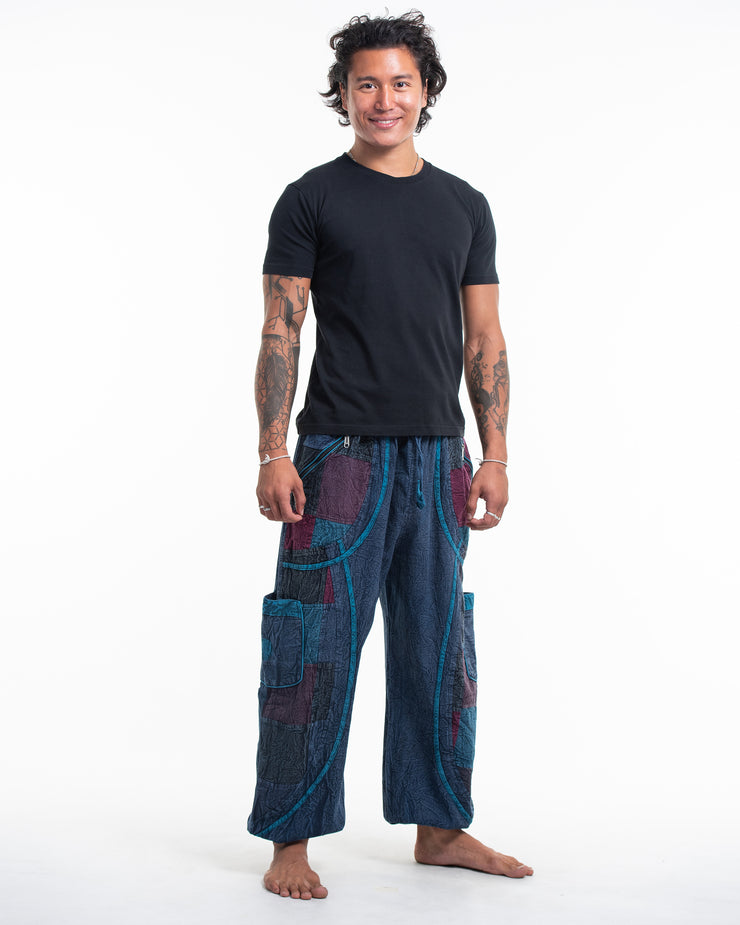 Unisex Patchwork Stone Washed Cargo Cotton Pants in Navy 02