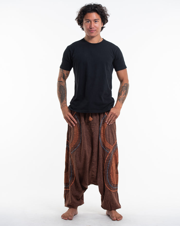 Unisex Patchwork Stone Washed Low Cut Cotton Pants in Brown 01