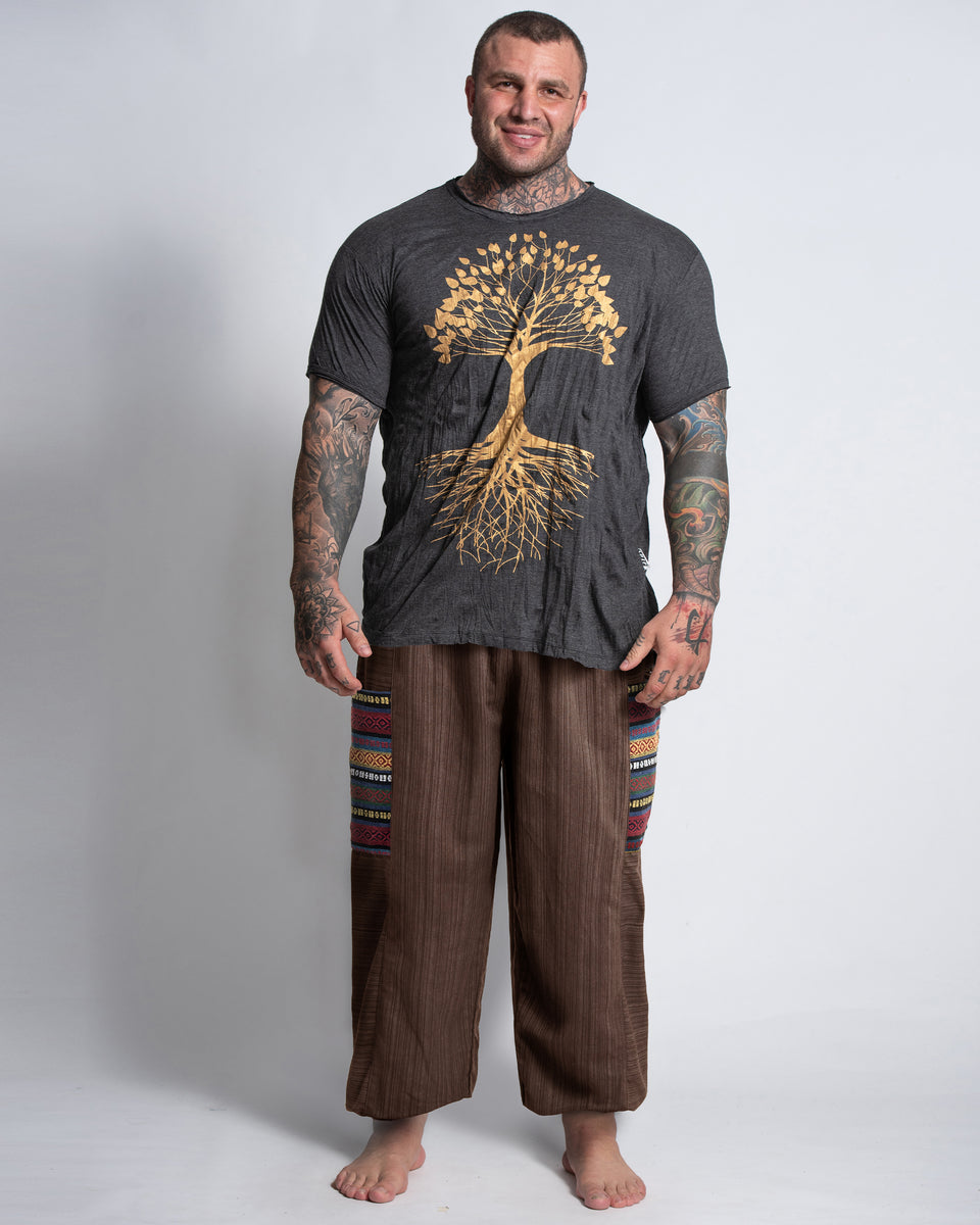Unisex Plus Size Drawstring Pinstripes Cotton Pants with Aztec