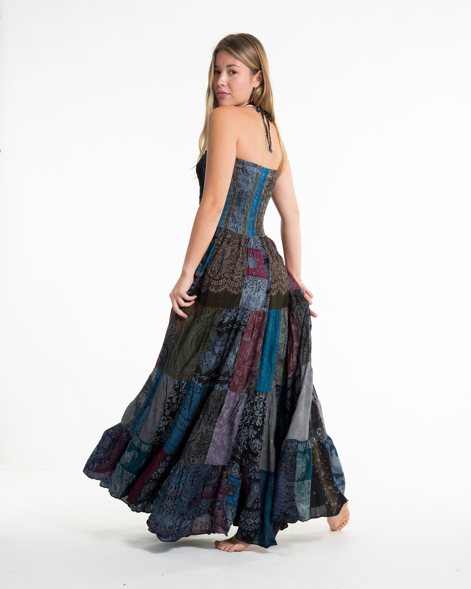 DIY Multi Wrinkled Patchwork Maxi Dresses Long Sleeve UU1016