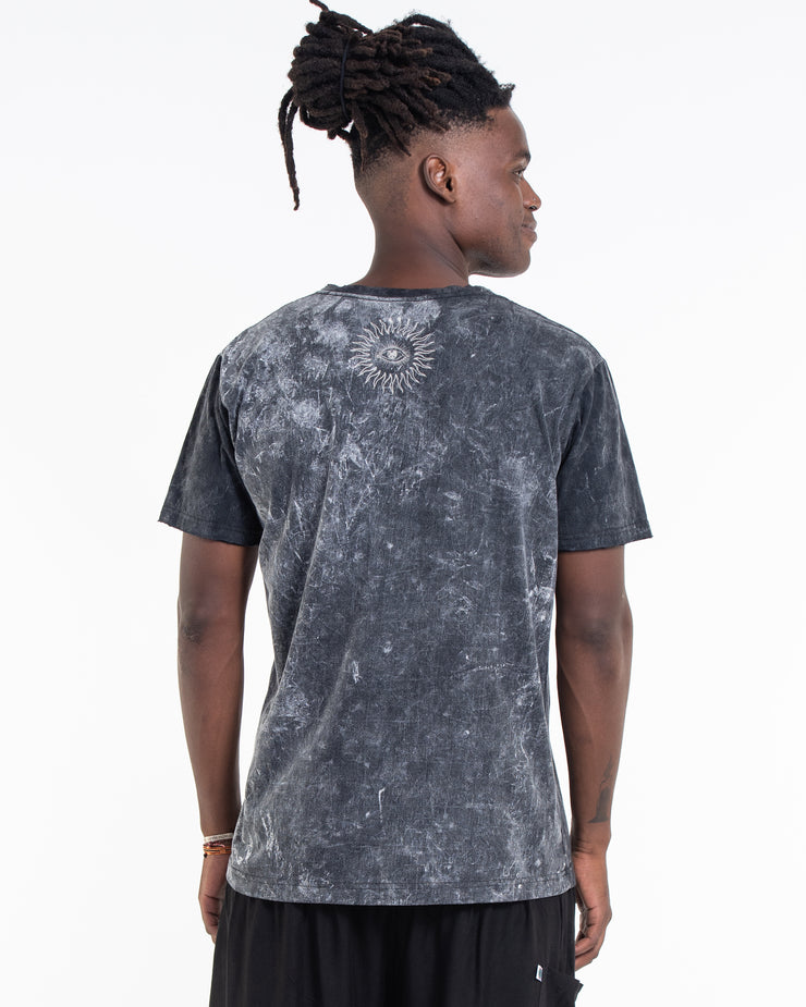 Unisex Sun Moon Stone Washed Cotton T-Shirt in Black
