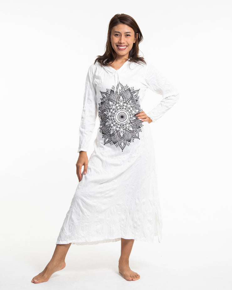 Womens Lotus Mandala Long Hoodie Dress in White