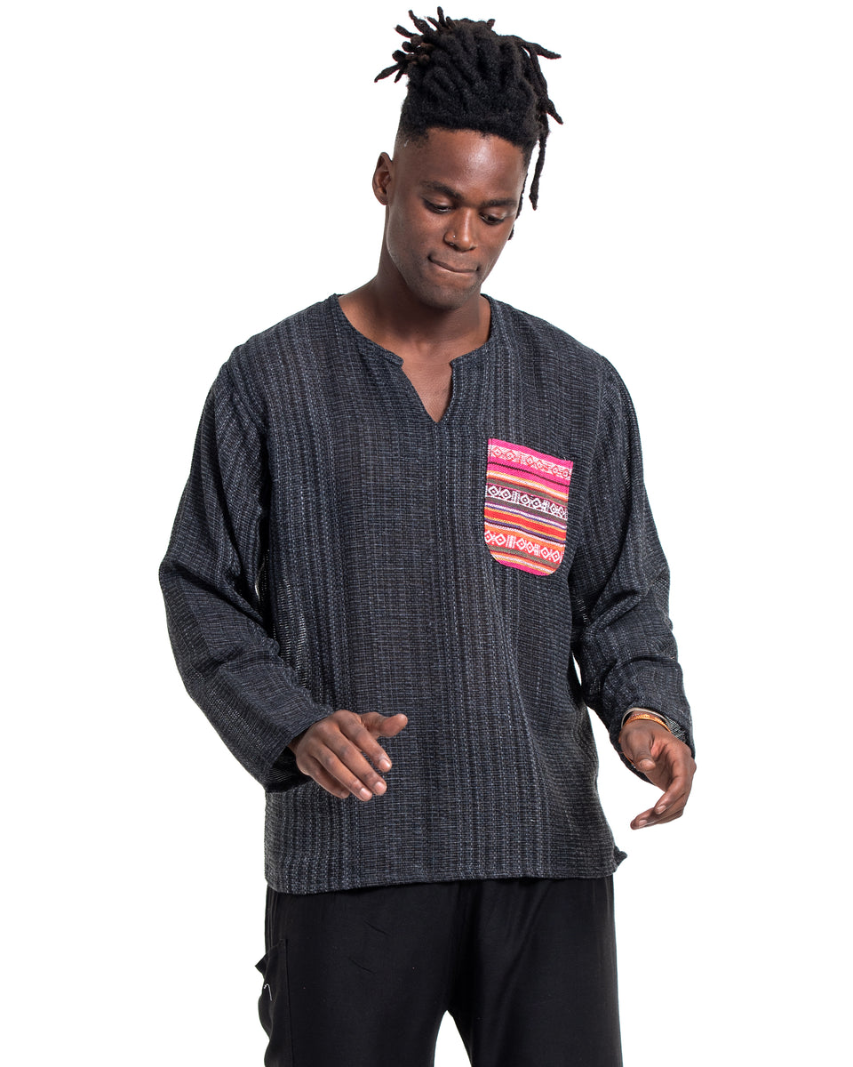 Sure Design Unisex Woven Cotton Shirt with Tribal Pocket in Black