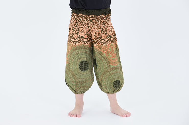 Kids Geometric Mandalas Harem Pants in Olive