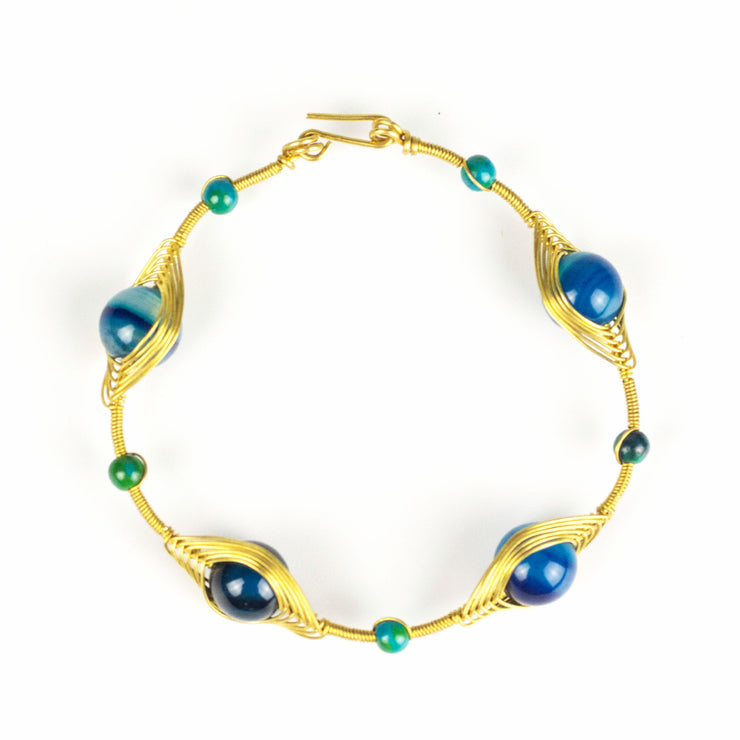 Wired Brass Bracelet with Blue Marble Beads