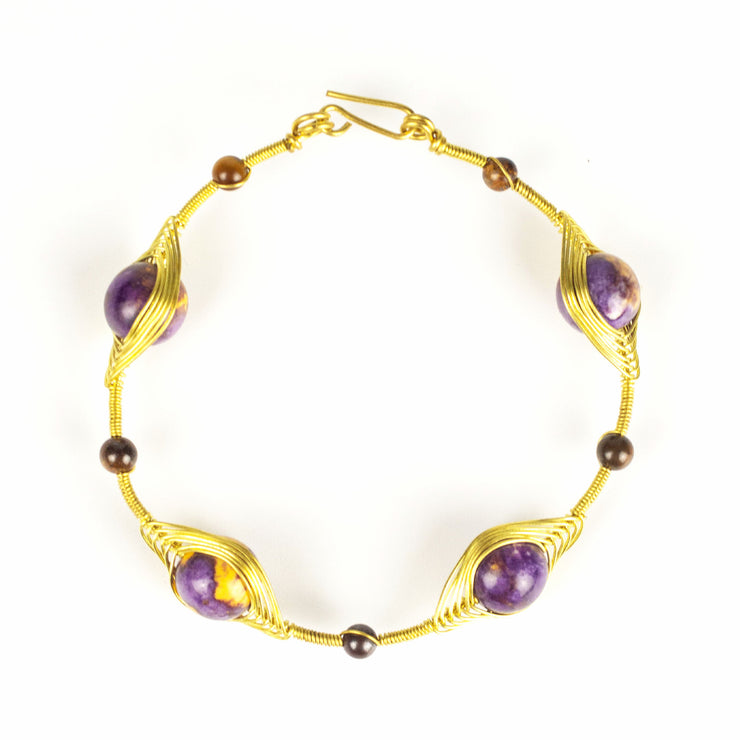 Wired Brass Bracelet with Purple Marble Beads