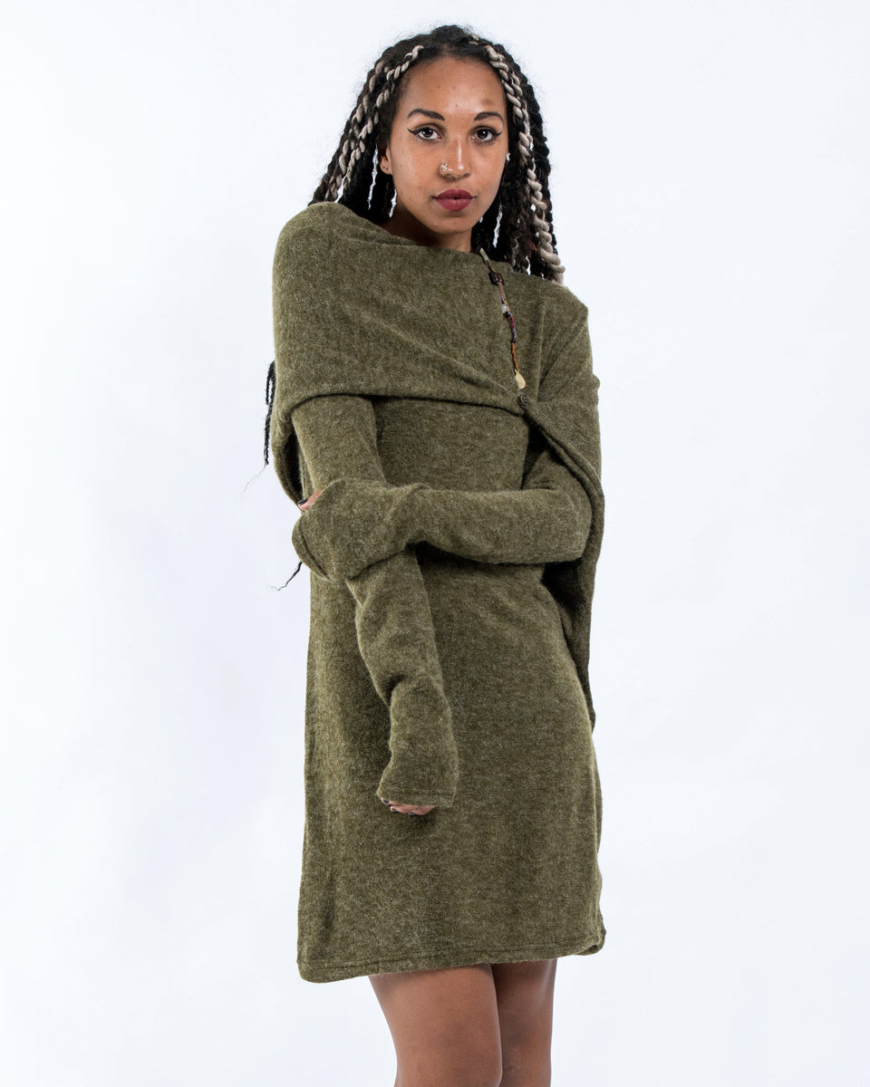 Sure Design Shawl Hoodie Combo Sweater Dress in Green Sure Design Shawl Hoodie Combo Sweater Dress in Green