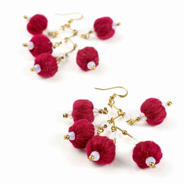 Grape Red Yarn Balls Brass Earrings