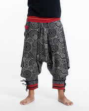 Swirls Prints Thai Hill Tribe Fabric Drop Crotch Harem Pants with Ankle Straps in Black