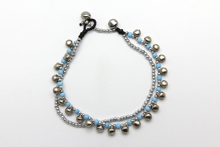 Silver Beads Anklet with Silver Bells in Blue