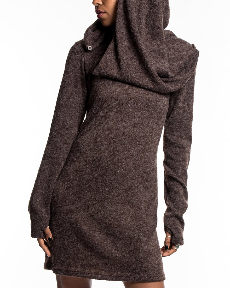 Sure Design Shawl Hoodie Combo Sweater Dress in Brown