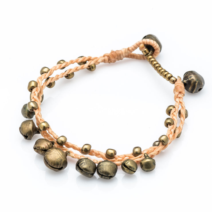 Brass Beads Bracelet with Brass Bells in Tan
