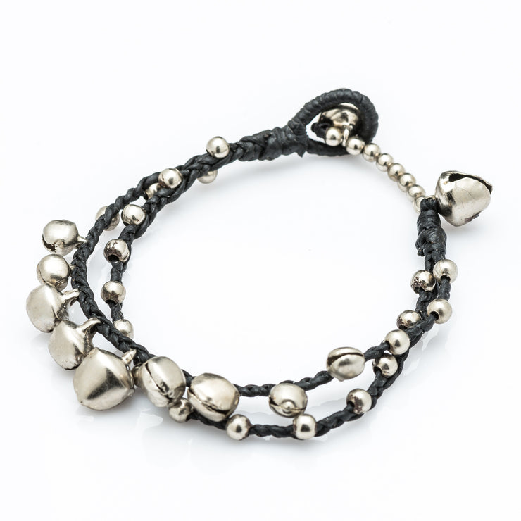 Silver Beads Bracelet with Silver Bells in Black