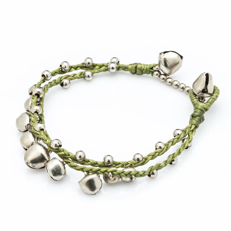 Silver Beads Bracelet with Silver Bells in Lime