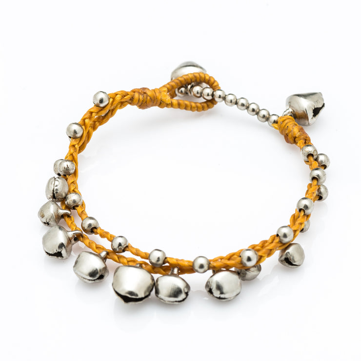 Silver Beads Bracelet with Silver Bells in Gold