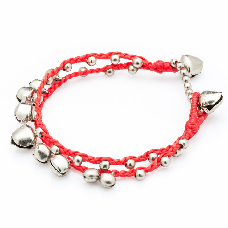 Silver Beads Bracelet with Silver Bells in Red