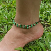 Triple Strands Brass and Color Beads Anklets in Green