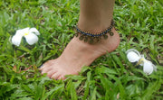 Brass Beads Anklet with Brass Coins in Blue