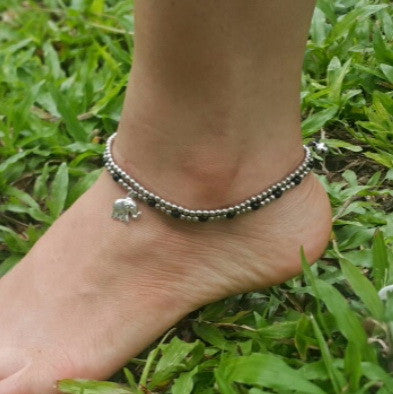 Silver Beads Anklet with Elephant Charm in Black