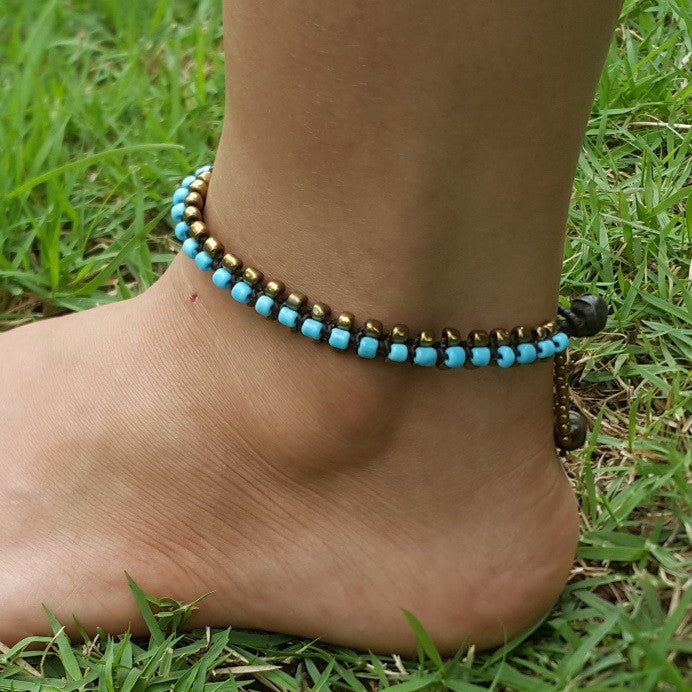 Triple Brass Beads Anklet with Blue Beads
