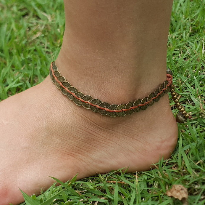 Brass Coin Waxed String Anklet in Brown