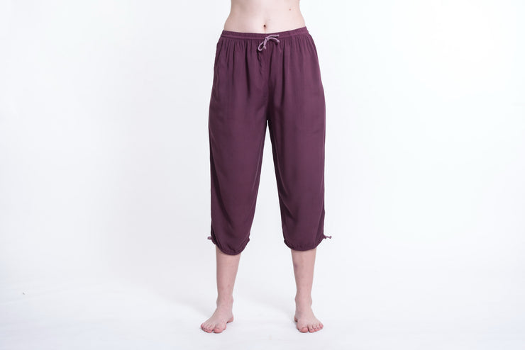 Womens Solid Color Drawstring Cropped Pants in Dark Purple