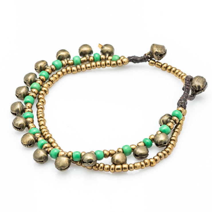 Brass Beads Bracelet with Brass Bells in Green