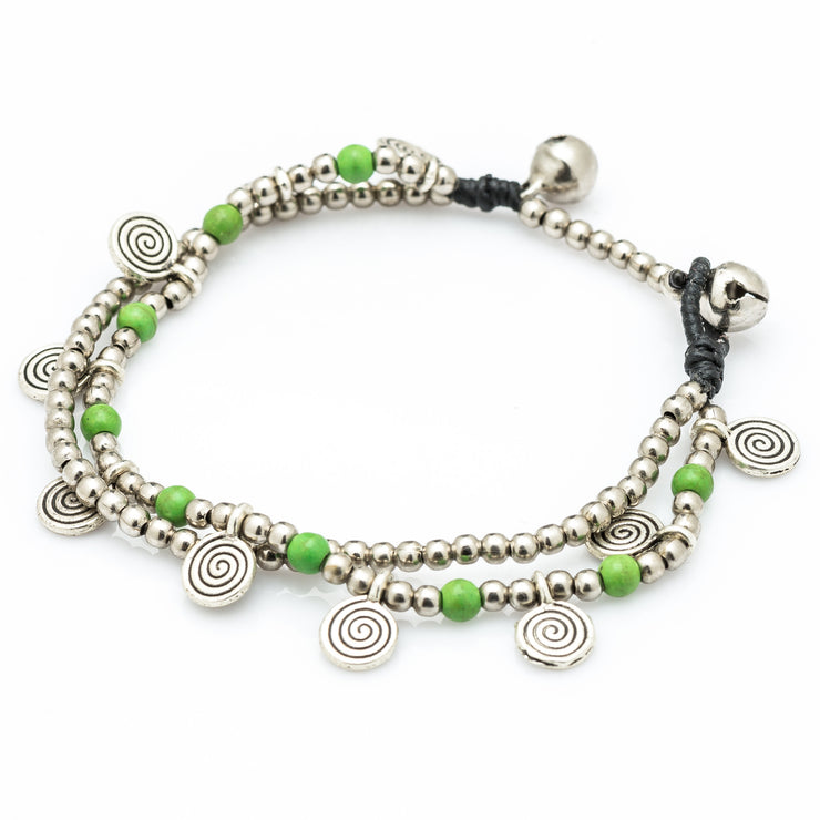 Silver Beads Bracelet with Spiral Charms in Lime