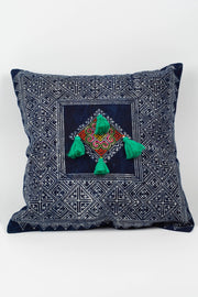 Hmong Indigo Batik Cotton Pillowcase with Green Tassels