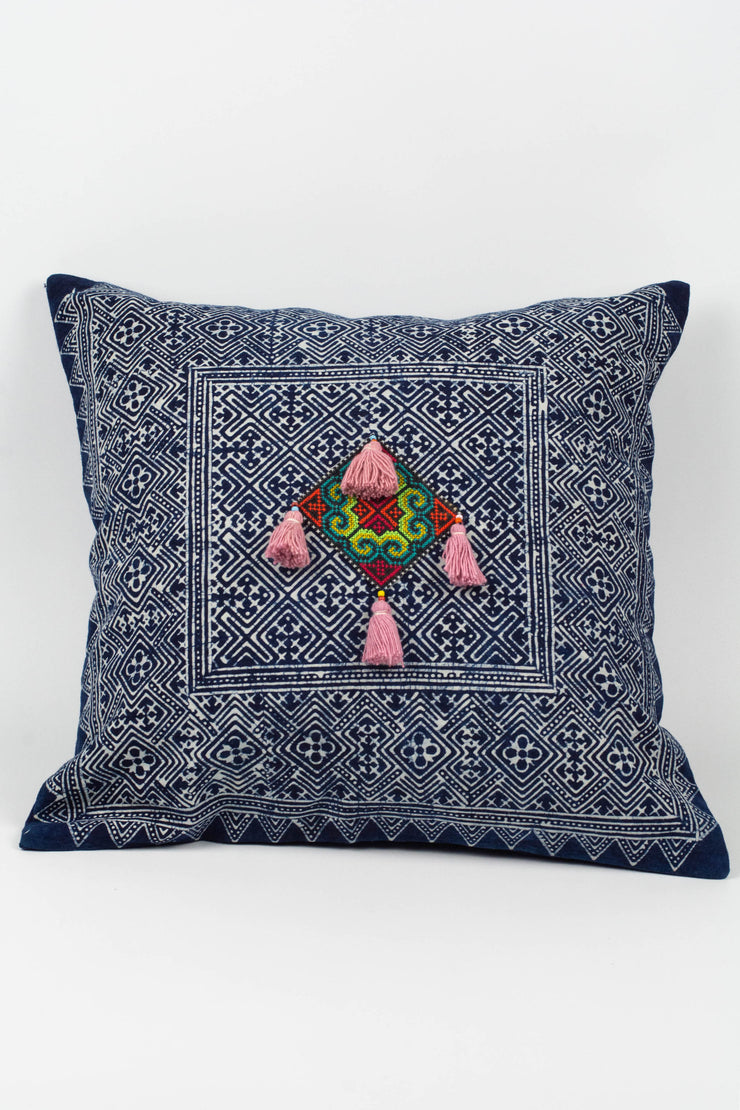 Hmong Indigo Batik Cotton Pillowcase with Light Pink Tassels