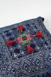 Hmong Indigo Batik Cotton Pillowcase with Red Tassels