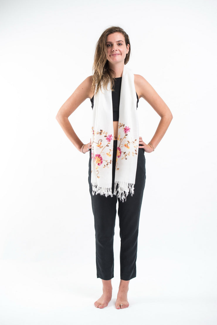 Nepal Floral Embroidered Pashmina Shawl Scarf in White