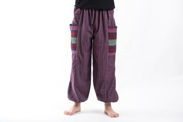 Unisex Pinstripe Cotton Pants with Aztec Pocket in Purple