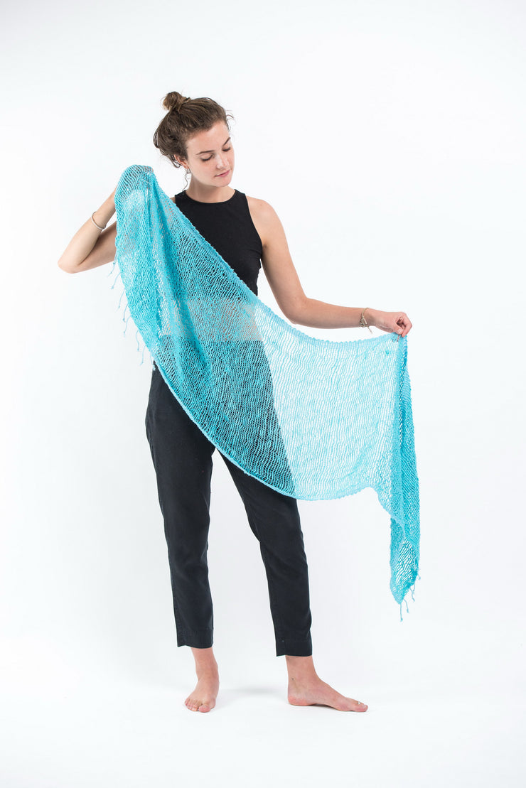 Thai Hand Woven Cotton Shawl Scarf in Turquoise