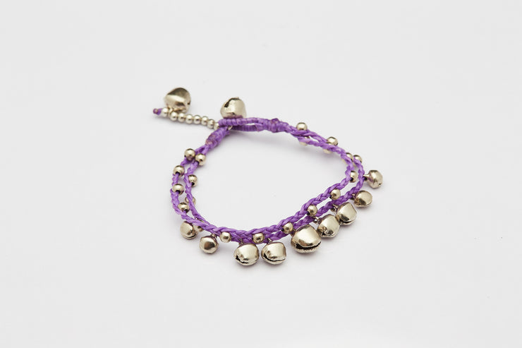 Silver Beads Bracelet with Silver Bells in Purple
