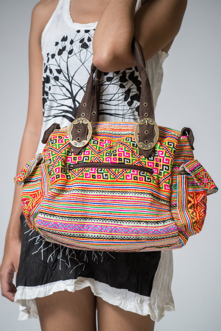 Hmong Hill Tribe Classic Embroidered Handbag with Brass Buckles