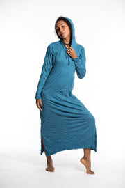 Womens Solid Color Long Hoodie Dress in Denim Blue