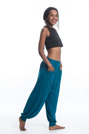 Unisex Solid Color Cotton Harem Pants in Blue