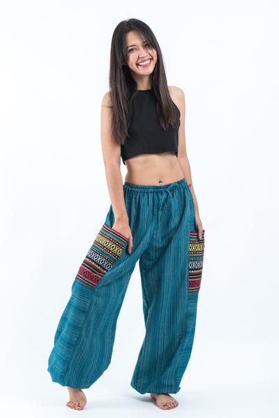 Unisex Pinstripe Cotton Pants with Aztec Pocket in Turquoise
