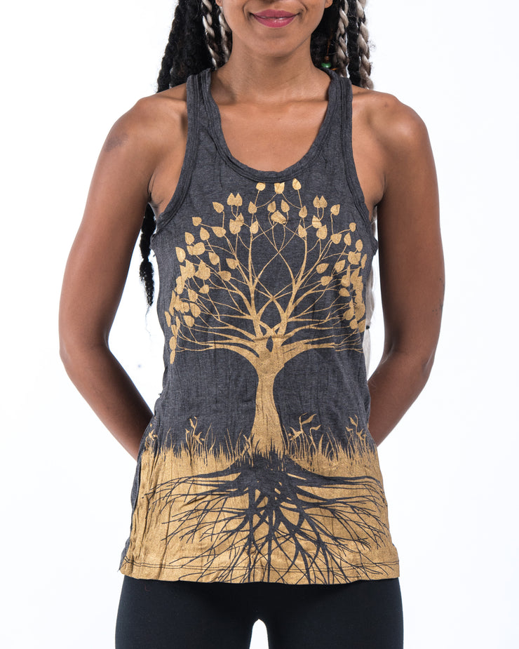 Womens Tree of Life Tank Top in Gold on Black