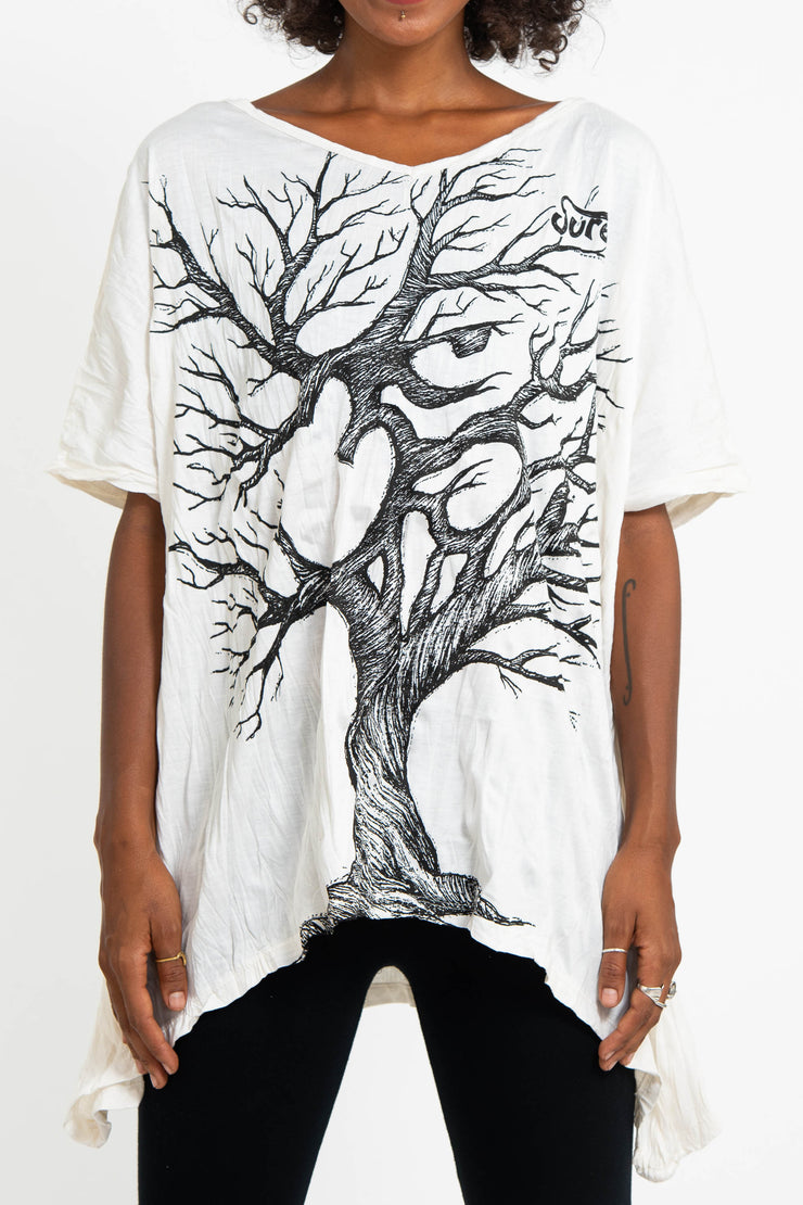 Womens Om Tree Loose V Neck T-Shirt in White